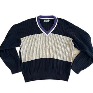 Vintage 90s GUESS Country Club Black Tan Cable Knit V-Neck Stripe Sweater Sz XL
